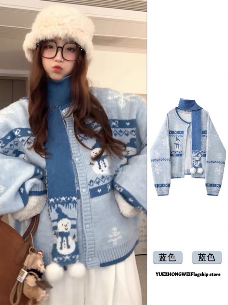 Thick lazy knitted coat autumn and winter blue cardigan