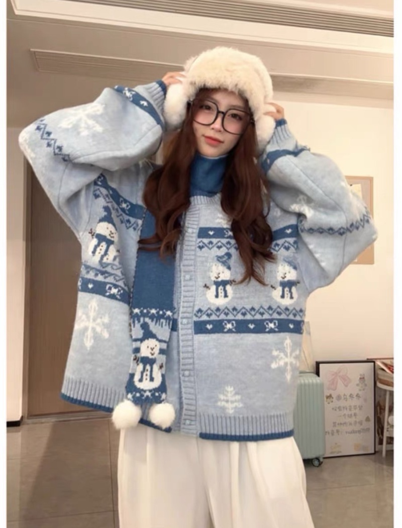 Thick lazy knitted coat autumn and winter blue cardigan