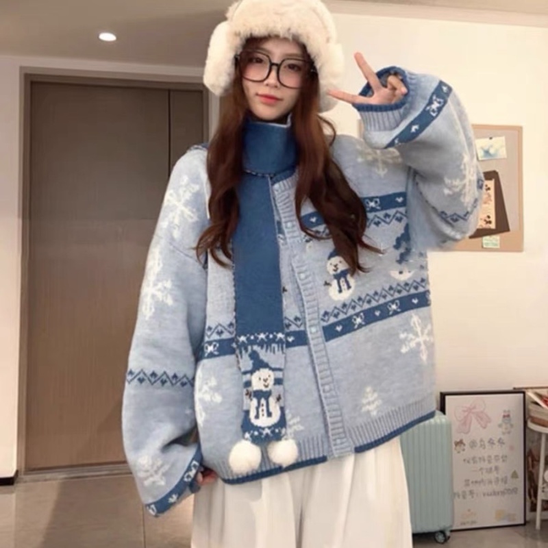 Thick lazy knitted coat autumn and winter blue cardigan