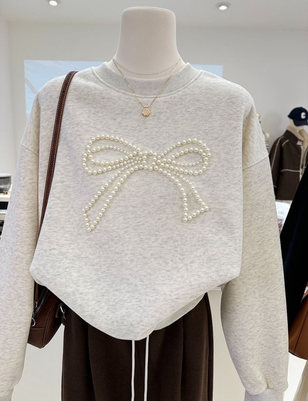 Beading niche thermal hoodie bow round neck tops for women