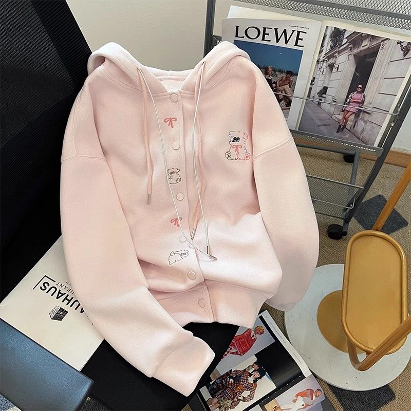 Autumn pink coat hooded Korean style tops for women