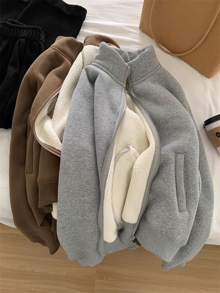 Zip thick all-match hoodie lamb fur winter cardigan for women