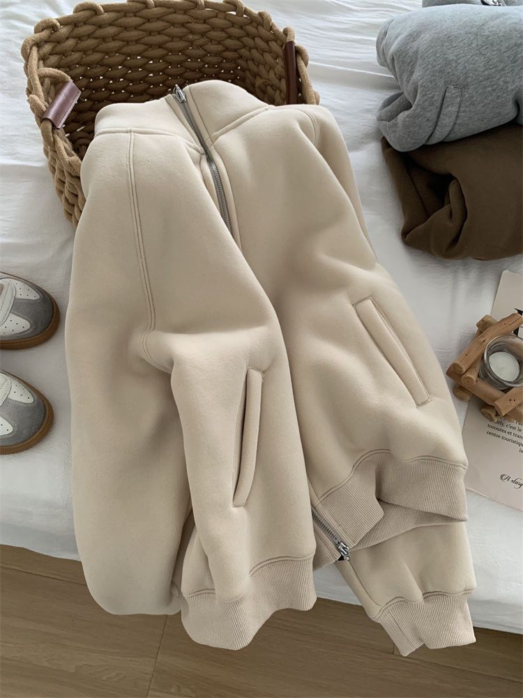 Zip thick all-match hoodie lamb fur winter cardigan for women