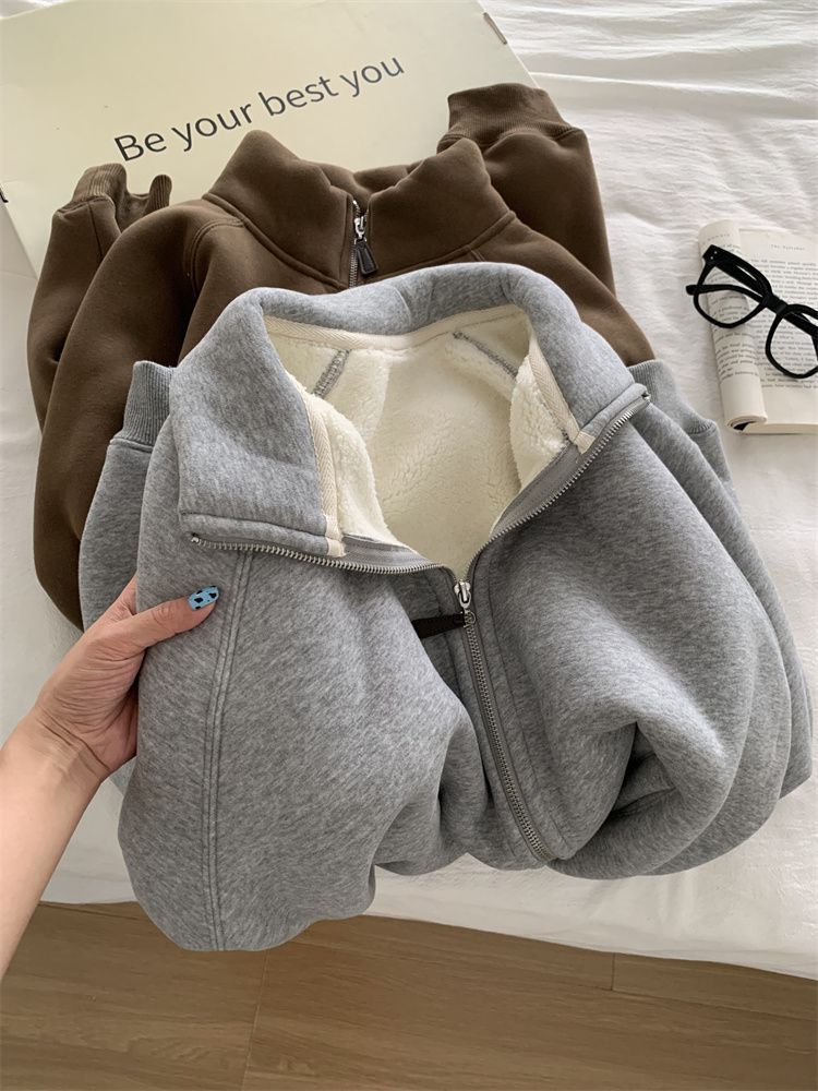 Zip thick all-match hoodie lamb fur winter cardigan for women