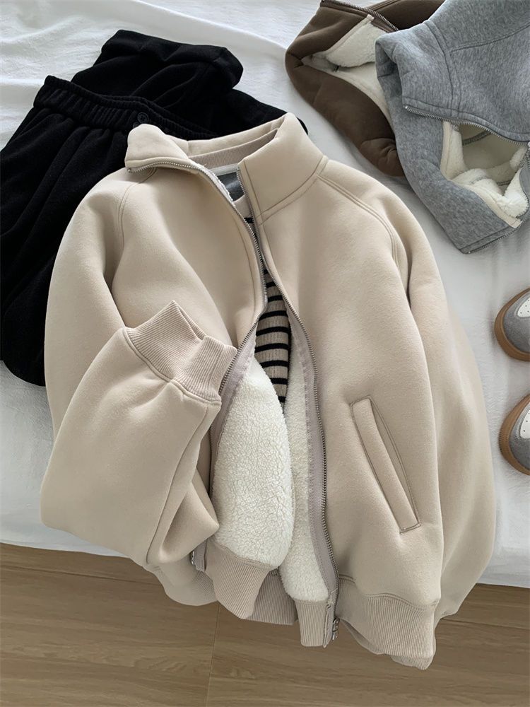 Zip thick all-match hoodie lamb fur winter cardigan for women