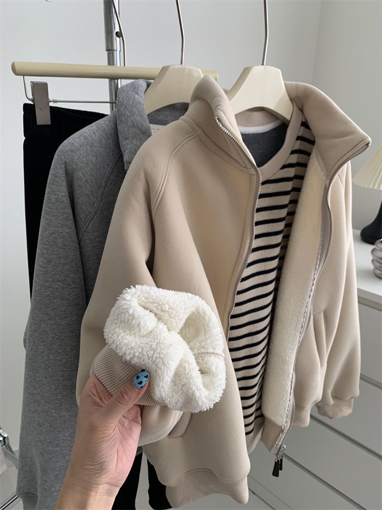 Zip thick all-match hoodie lamb fur winter cardigan for women