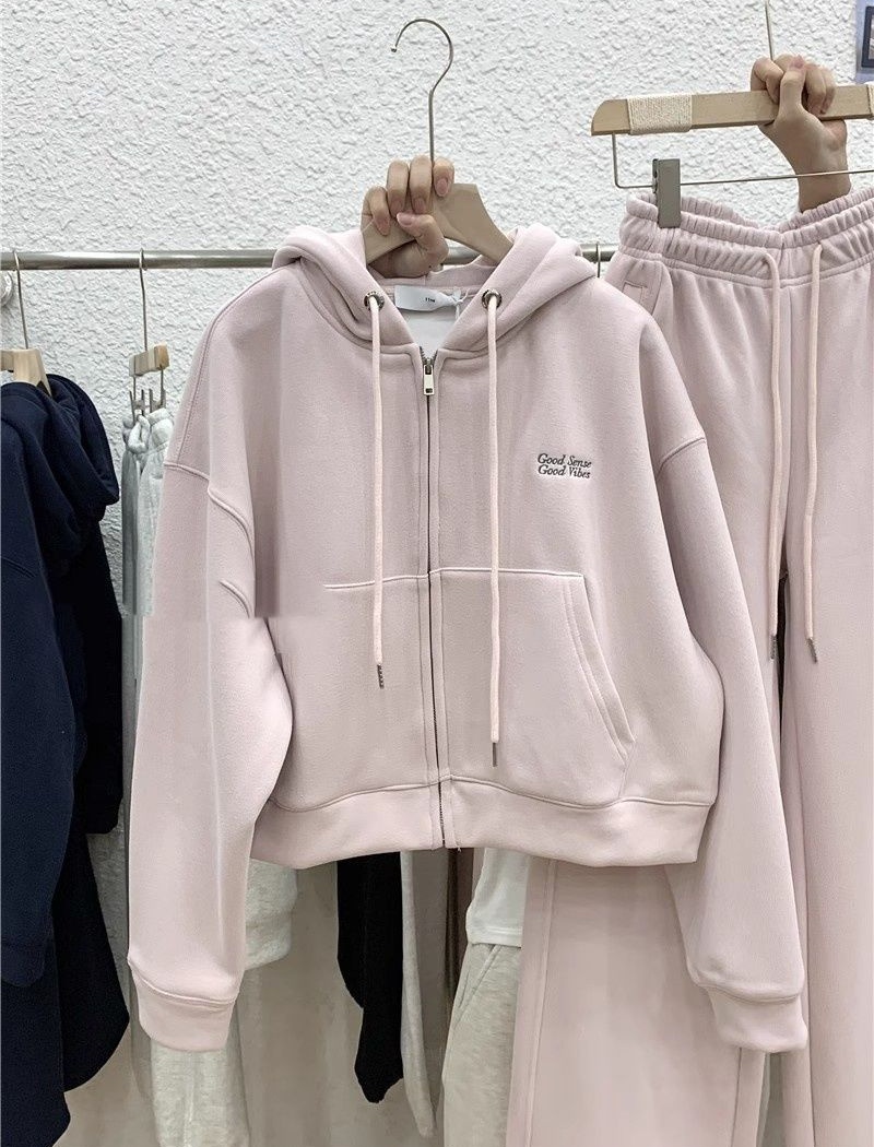 Hooded pink hoodie thick sweatpants 2pcs set for women