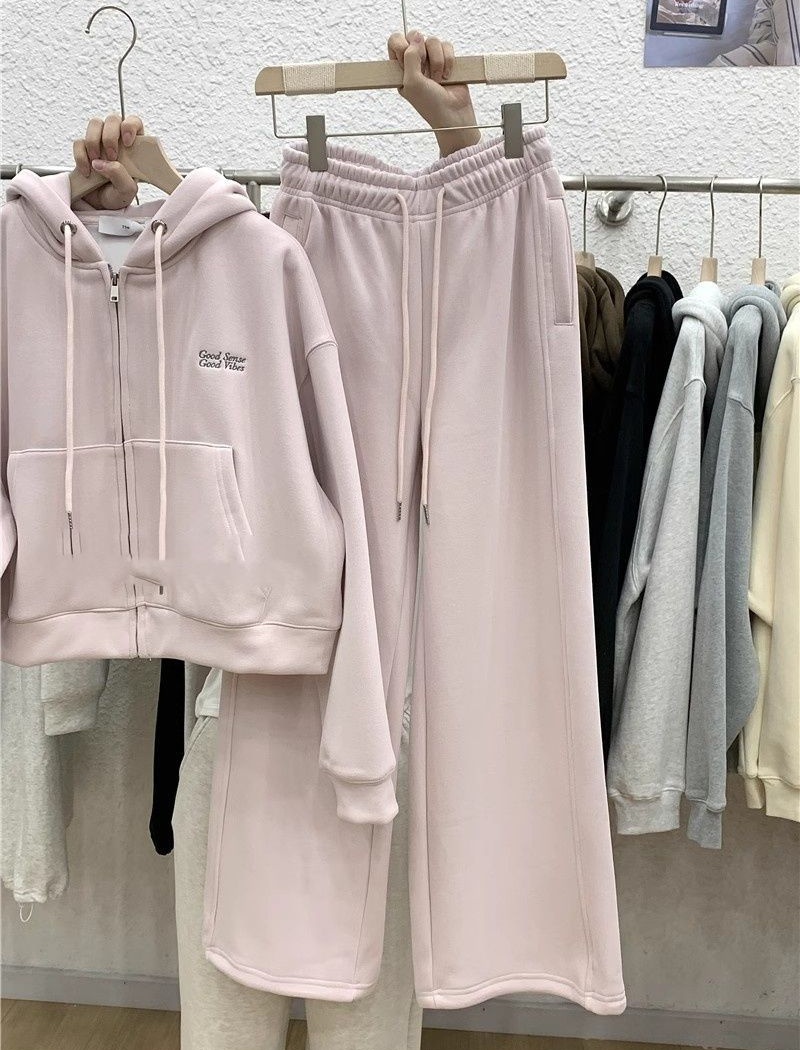 Hooded pink hoodie thick sweatpants 2pcs set for women