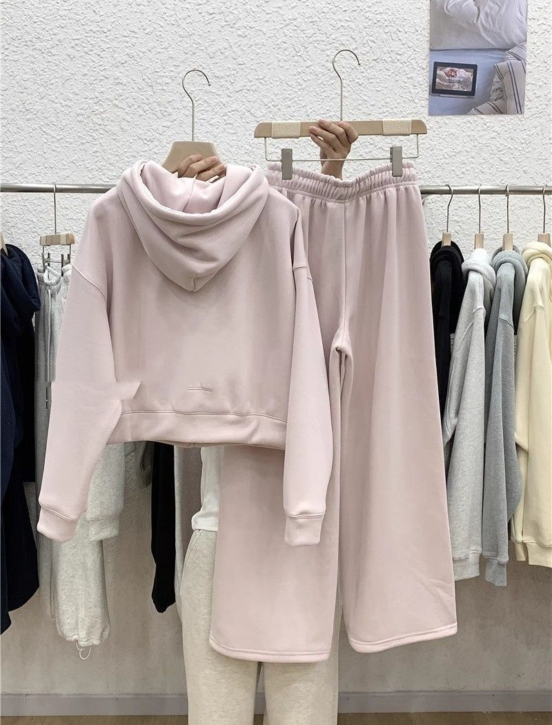 Hooded pink hoodie thick sweatpants 2pcs set for women