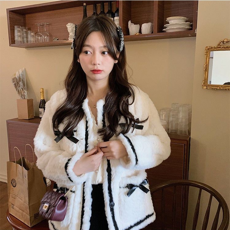 Winter plush thermal retro bow lamb fur coat