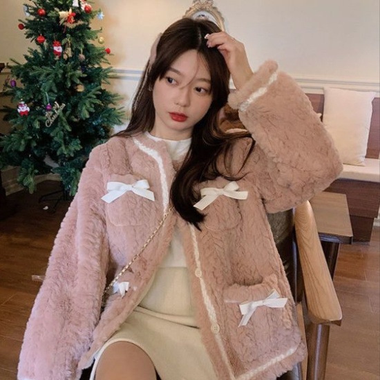 Winter plush thermal retro bow lamb fur coat