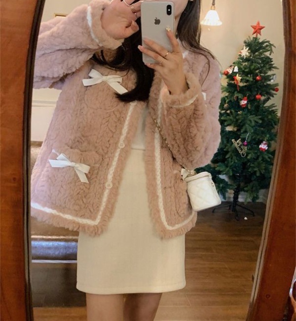 Winter plush thermal retro bow lamb fur coat