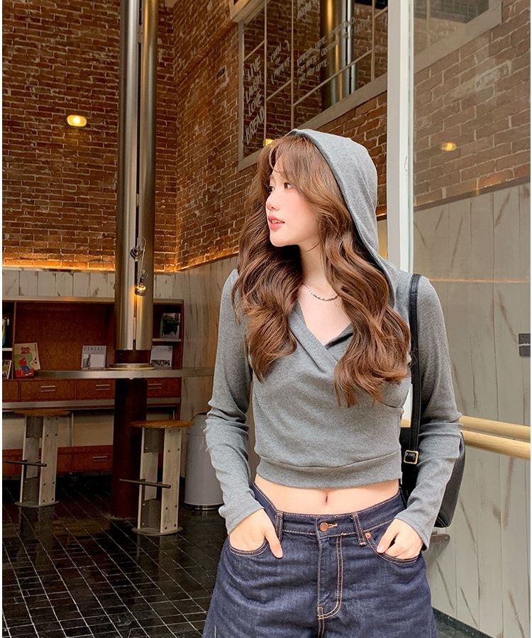 Long sleeve hooded quality tops irregular cross T-shirt