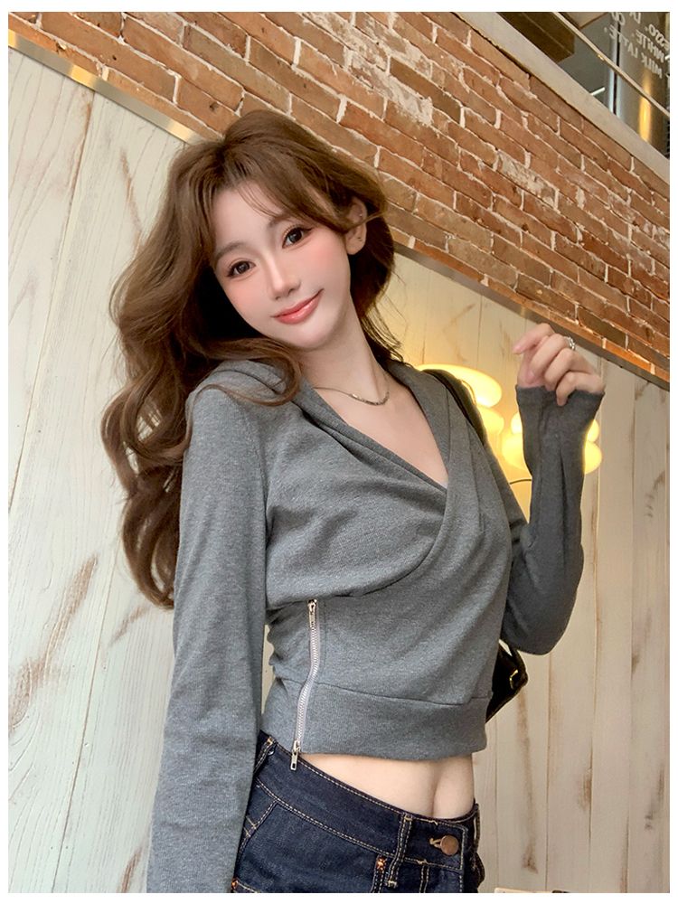 Long sleeve hooded quality tops irregular cross T-shirt