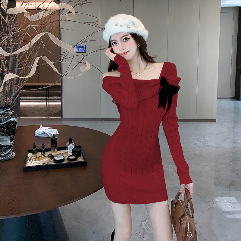 Elegant knitted red autumn and winter dress for women