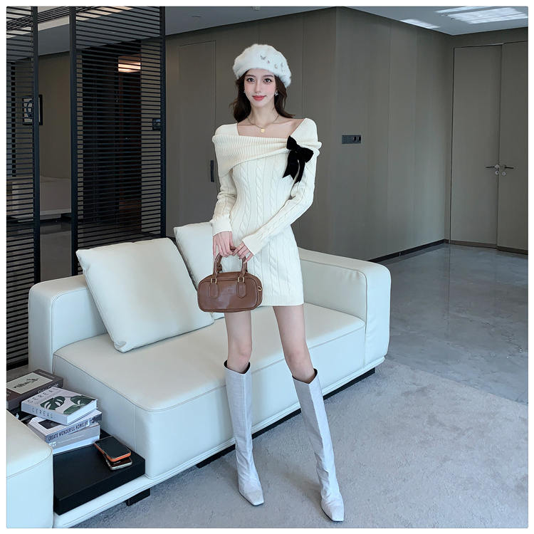 Elegant knitted red autumn and winter dress for women