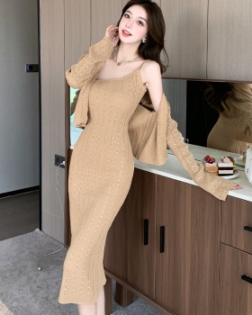 Rhinestone dress sloping shoulder cardigan 2pcs set