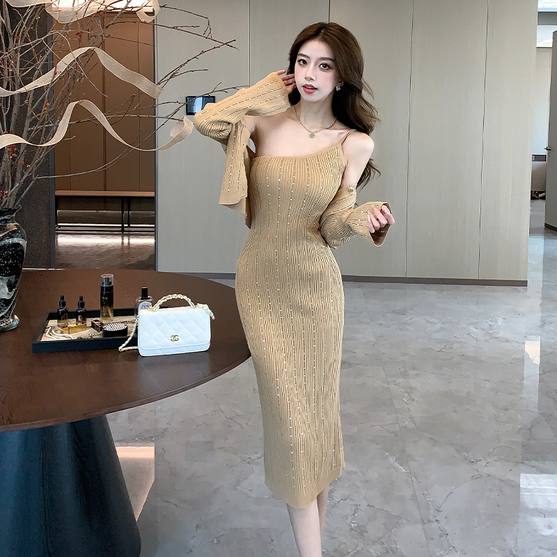 Rhinestone dress sloping shoulder cardigan 2pcs set