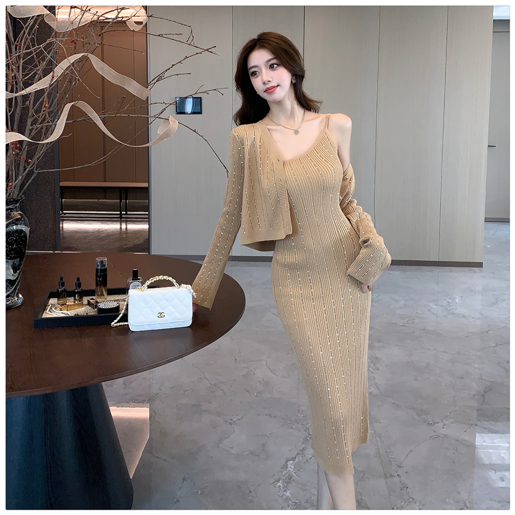 Rhinestone dress sloping shoulder cardigan 2pcs set