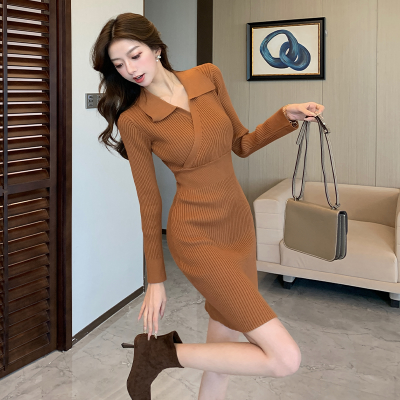 Long sleeve slim V-neck dress sexy package hip T-back for women