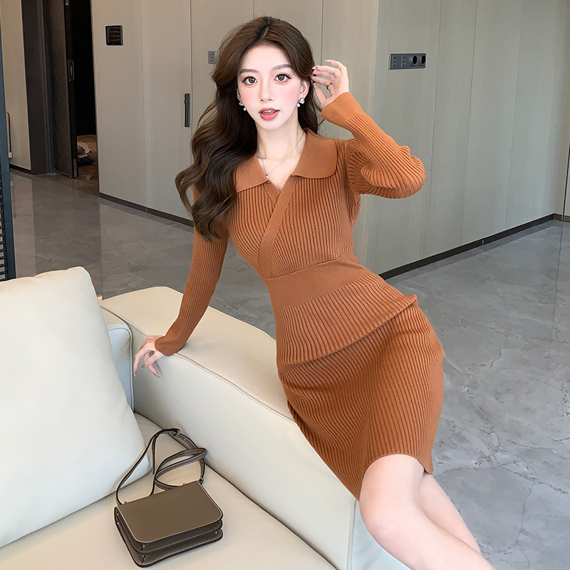 Long sleeve slim V-neck dress sexy package hip T-back for women