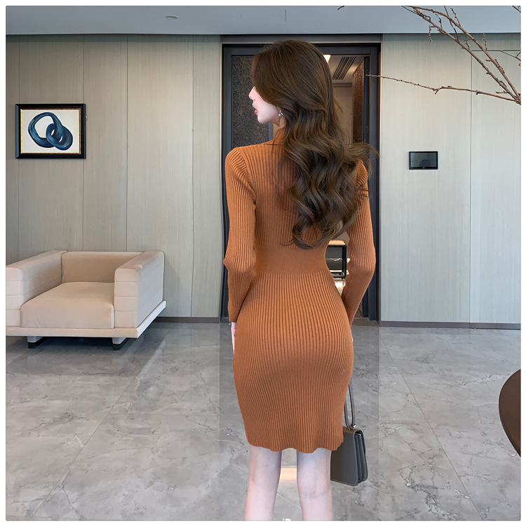 Long sleeve slim V-neck dress sexy package hip T-back for women