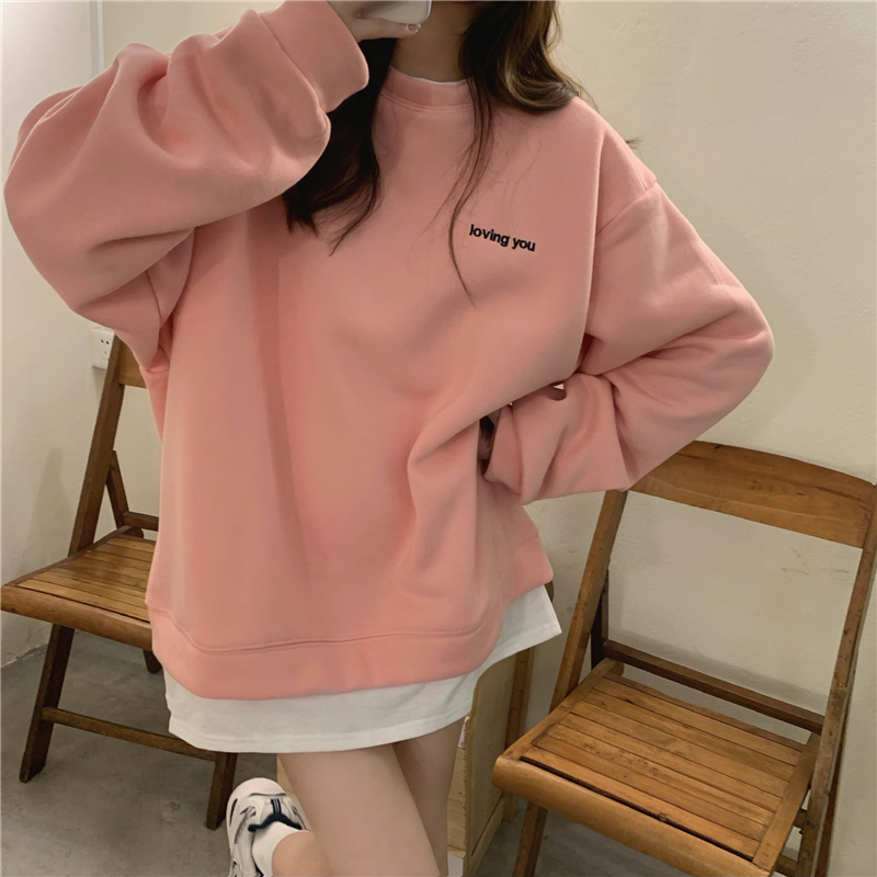 Embroidery letters tops splice Pseudo-two hoodie for women