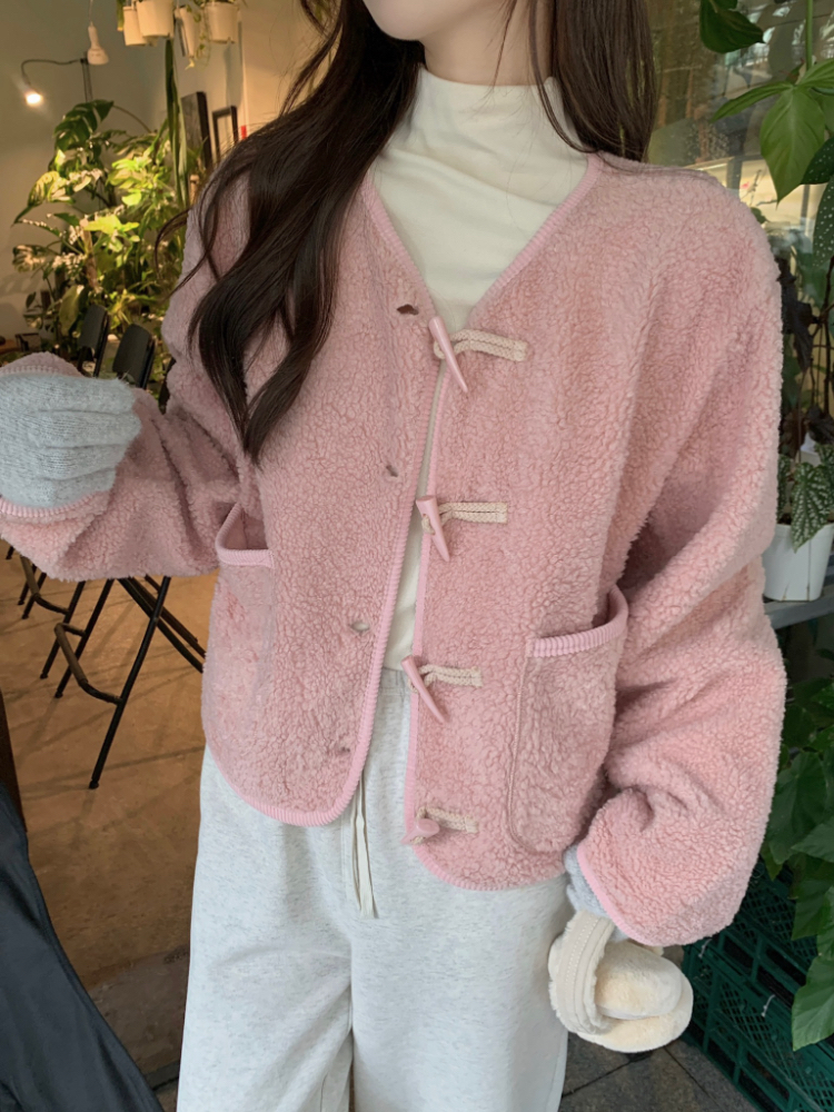 Winter lamb fur coat horn buckle sweet tops for women