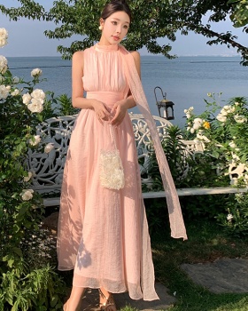 Lady tender elegant dress sleeveless unique pink long dress