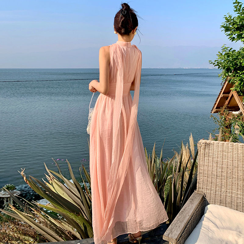 Lady tender elegant dress sleeveless unique pink long dress