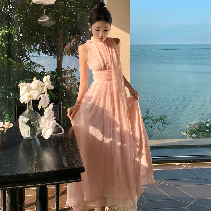 Lady tender elegant dress sleeveless unique pink long dress