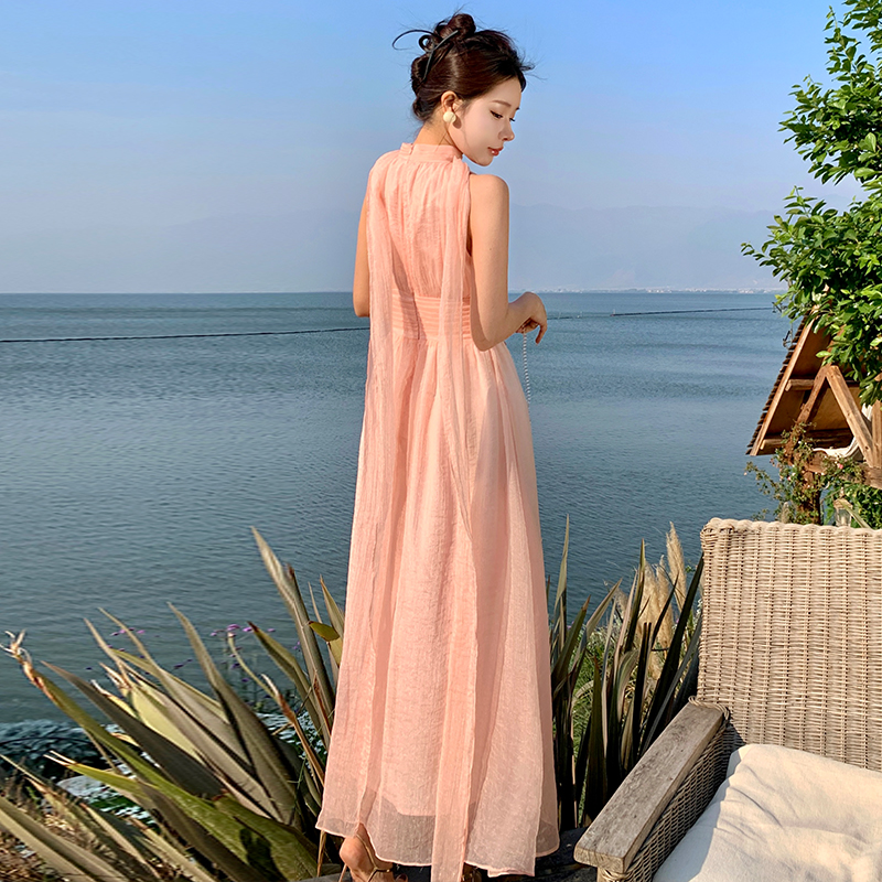 Lady tender elegant dress sleeveless unique pink long dress