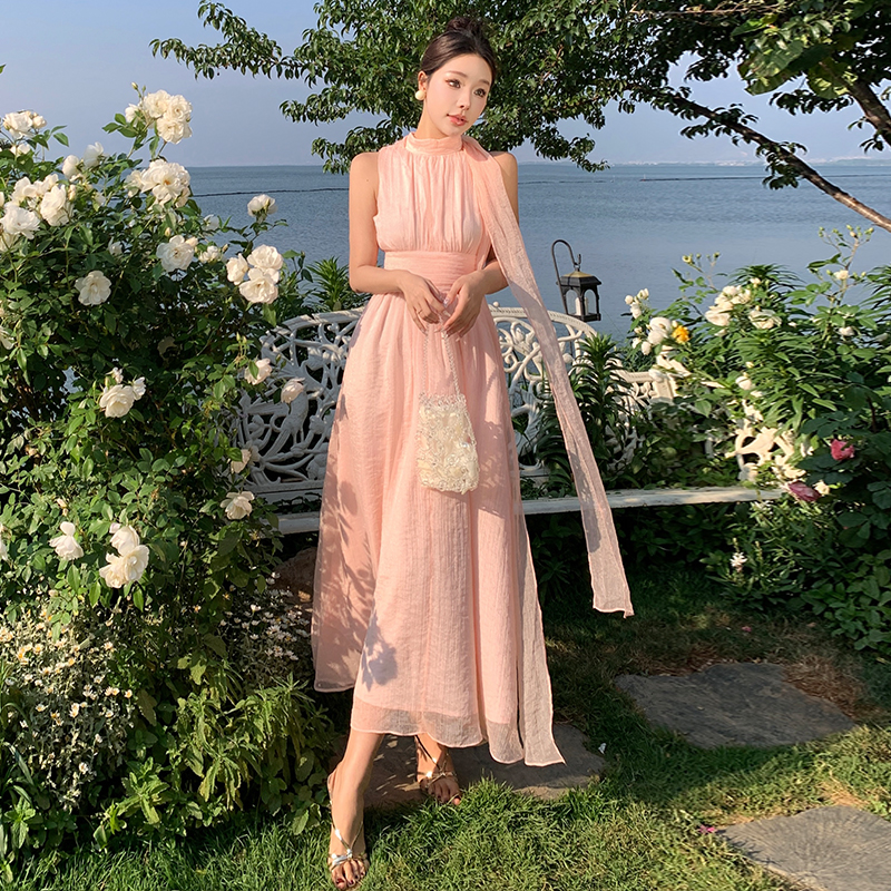 Lady tender elegant dress sleeveless unique pink long dress