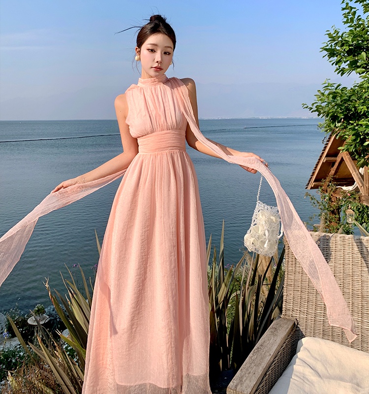 Lady tender elegant dress sleeveless unique pink long dress