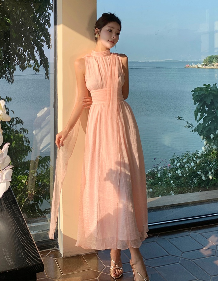 Lady tender elegant dress sleeveless unique pink long dress