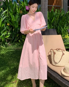 V-neck France style dress puff sleeve long dress for women