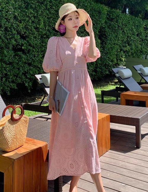 V-neck France style dress puff sleeve long dress for women