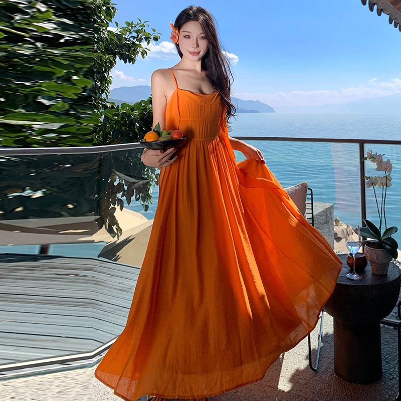 Summer pinched waist long dress sling vacation dress