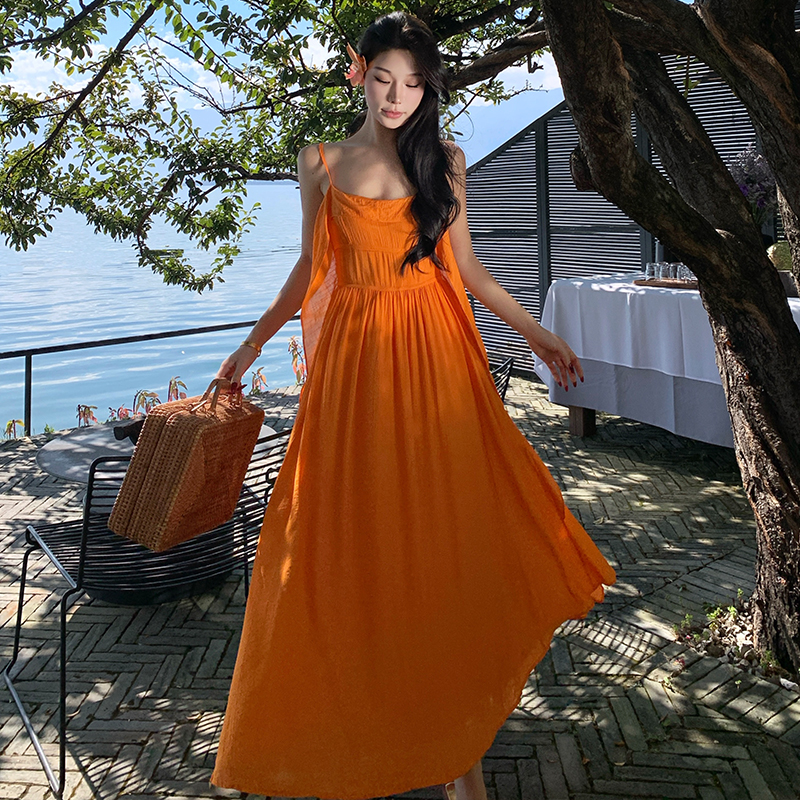 Summer pinched waist long dress sling vacation dress