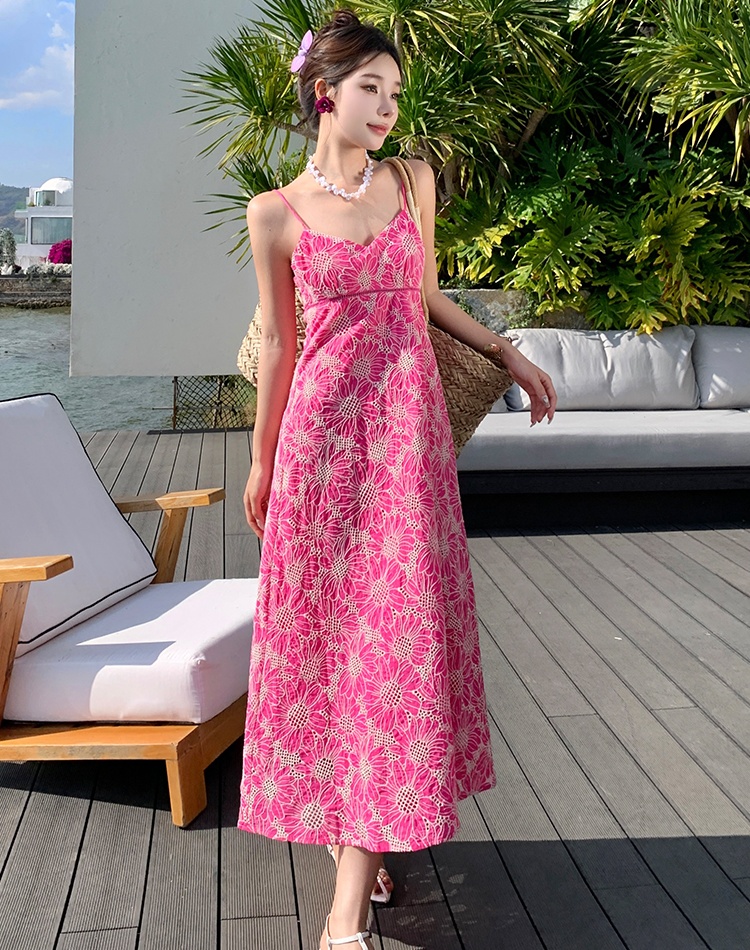 Hollow sling long dress pattern embroidery dress