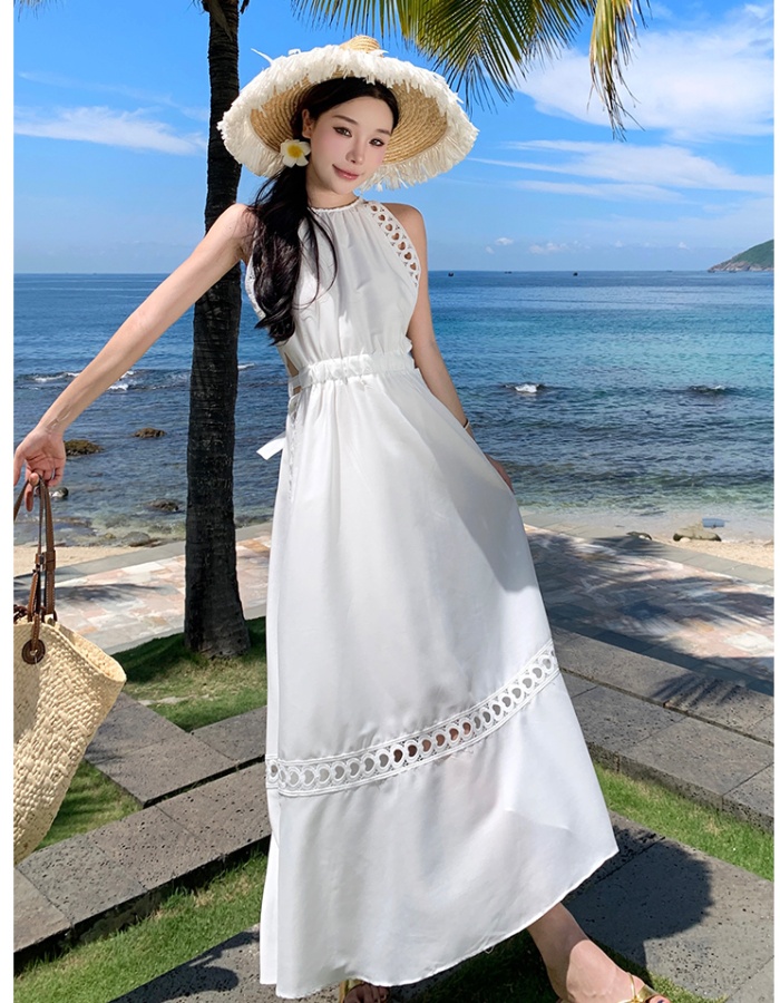 Vacation frenum halter flax hollow France style dress