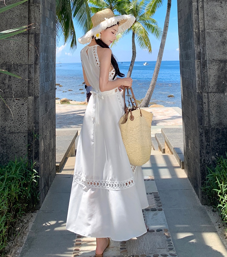 Vacation frenum halter flax hollow France style dress