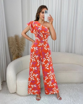 Pinched waist jumpsuit floral long pants for women