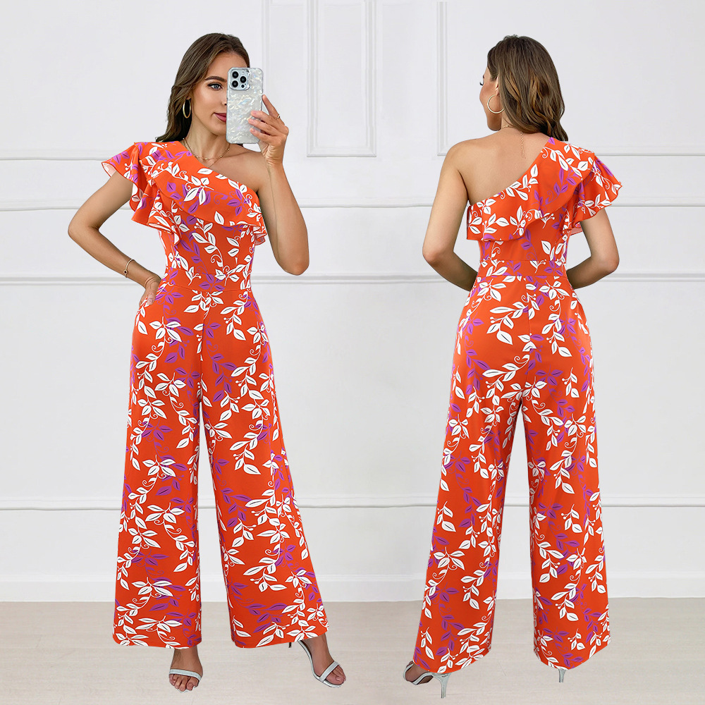 Pinched waist jumpsuit floral long pants for women