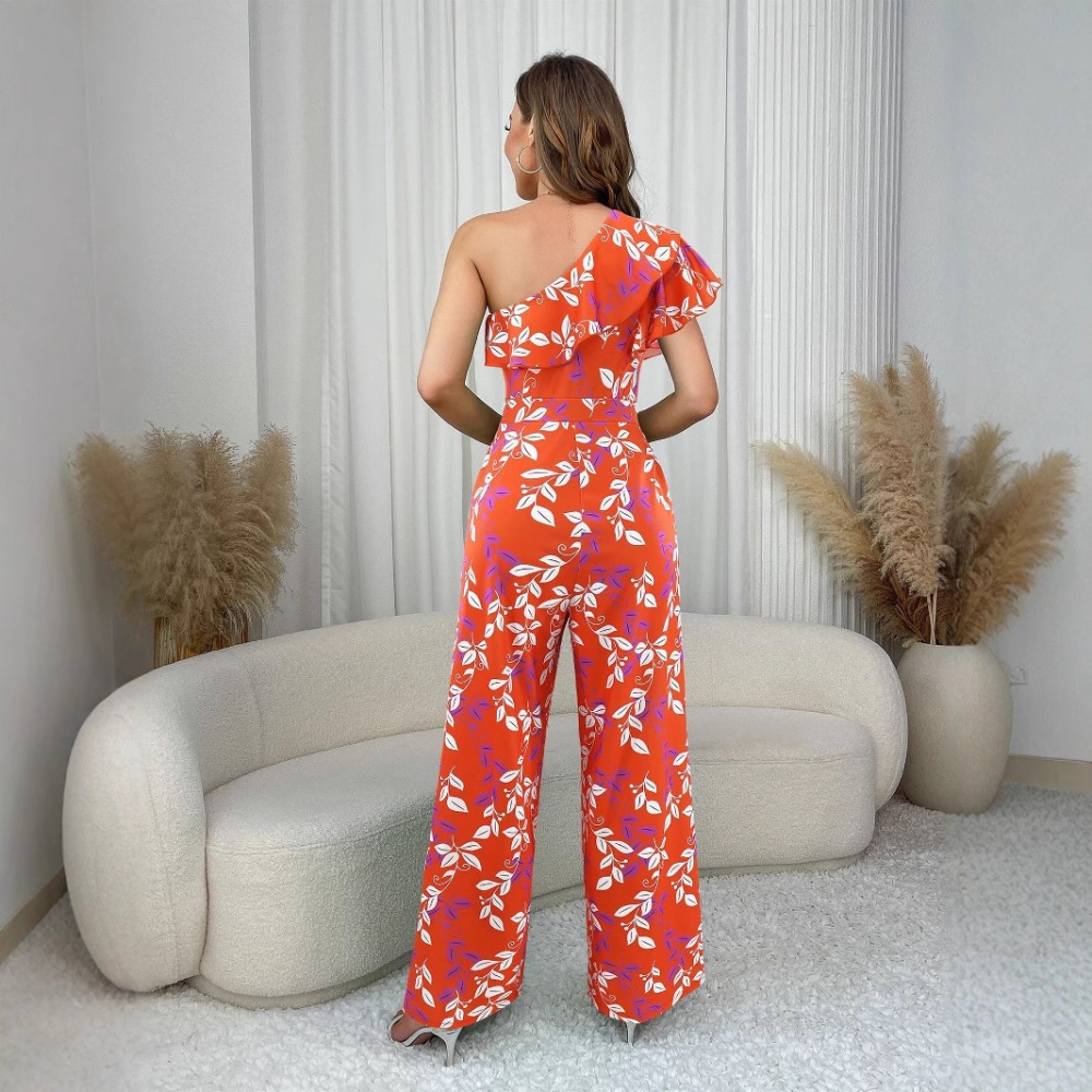 Pinched waist jumpsuit floral long pants for women