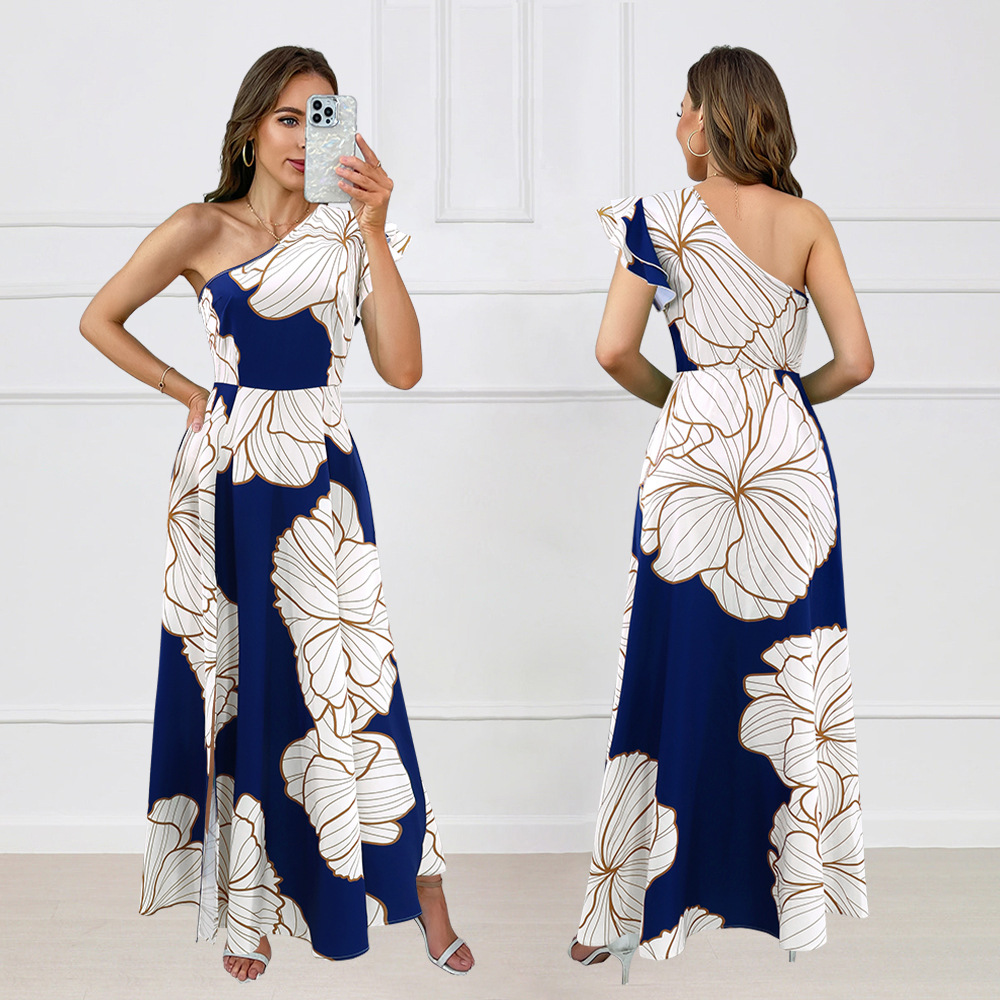 Temperament halter long dress zip big printing dress