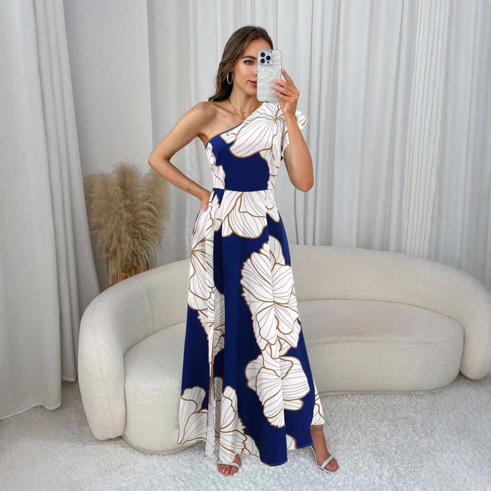 Temperament halter long dress zip big printing dress