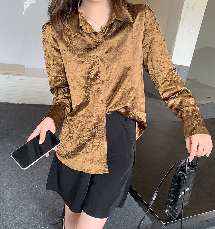 Long sleeve embossing tops satin shirt for women