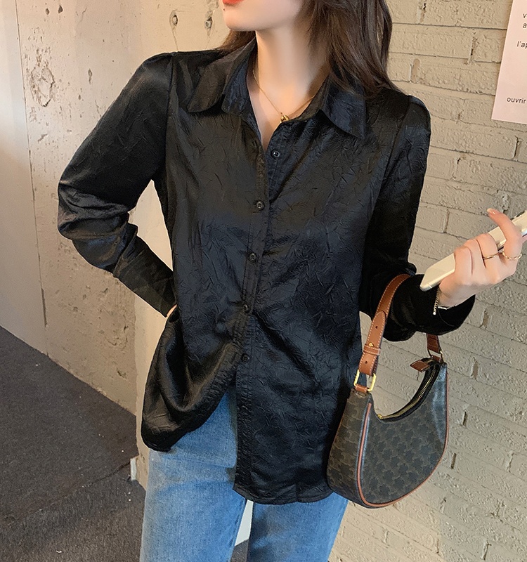 Long sleeve embossing tops satin shirt for women