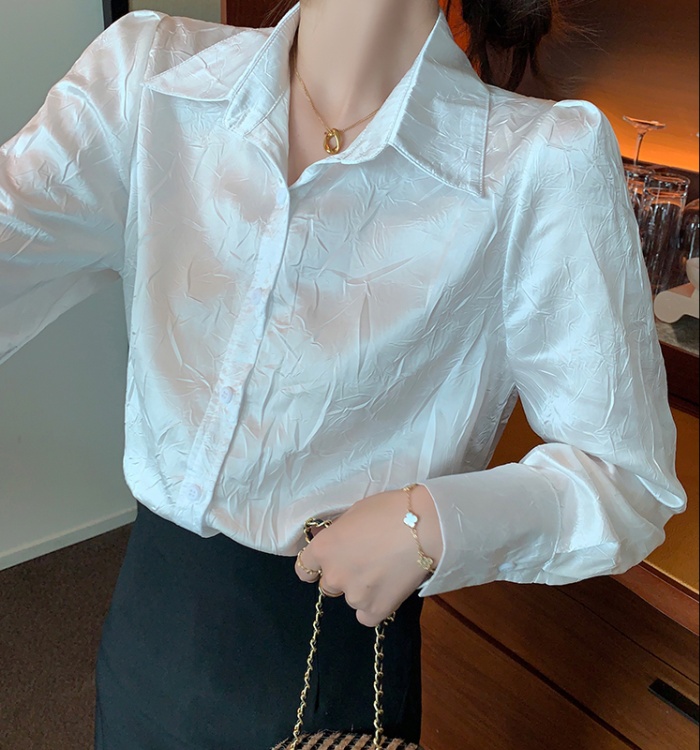 Long sleeve embossing tops satin shirt for women